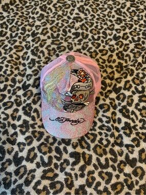 Ed Hardy Pink Glitter Skull Trucker Cap with Embroidered Logo